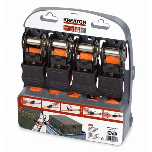Upínací pás ráčnový s háky 225kg/4,5m 4ks Kreator KRT555007