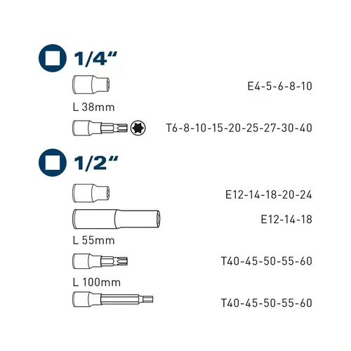 Hlavice nástrčné a zástrčné torx, sada 32ks, 1/4", 1/2" FORTUM 4700020