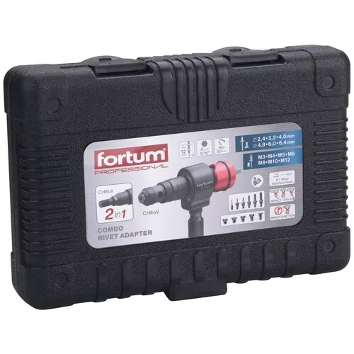 Nástavec nýtovací na vrtačku t-combo, sada pro matice m3-m12 i trh. nýty 2,4-6,4mm, crmov FORTUM 4770667