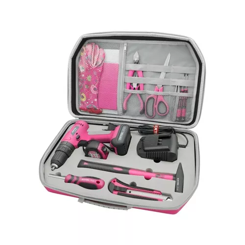 Vrtací šroubovák aku s příklepem, růžový, 12v li-ion, 2000mah, v kufru s nářadím, sada 27ks EXTOL LADY 402403
