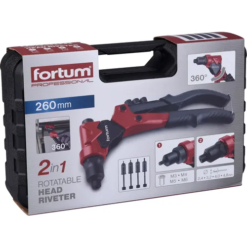 Kleště nýtovací s otočnou hlavou combo, pro nýt. matice m3-m6 a trhací nýty 2,4-4,8mm FORTUM 4770628