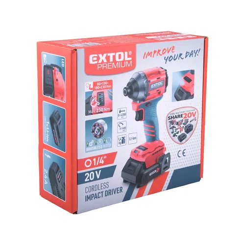 Utahovák rázový 1/4" aku share20v, brushless, 2ah EXTOL PREMIUM 8891814