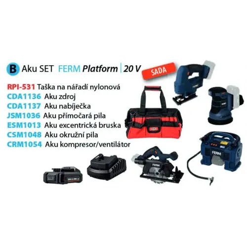 Ferm aku sada nářadí B, taška RPI-531, přímočará pila JSM1036, excentrická bruska ESM1013, okružní pila CSM1048, kompresor CRM1054, zdroj 2.0Ah CDA1136, nabíječka CDA1137