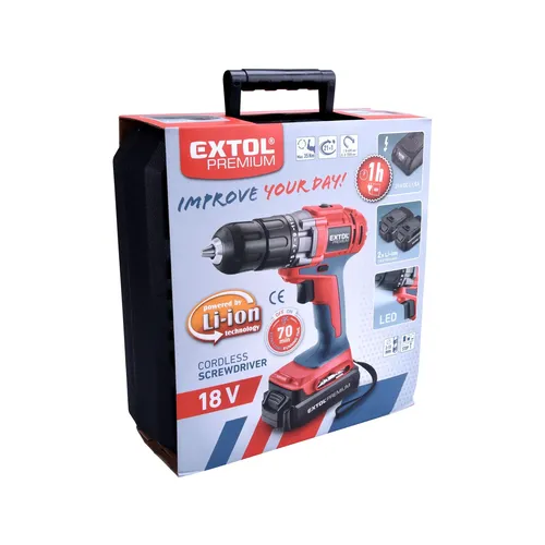 Zrušeno! nahrazeno výrobkem 8891802, vrtací šroubovák aku, 18v li-ion (2x), 1500mah EXTOL PREMIUM 8891114