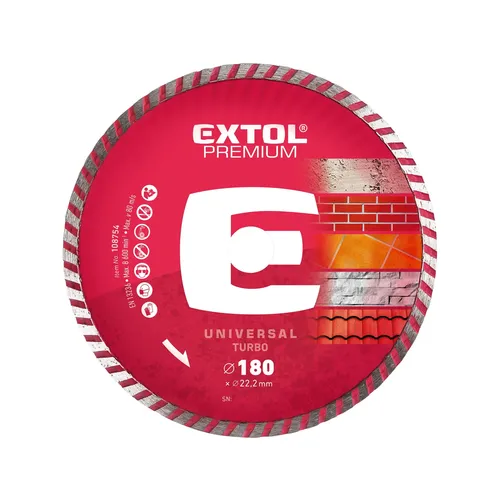 Zrušeno! nahrazeno výrobkem 8803034 kotouč diamantový řezný, turbo - suché i mokré řezání, o 180x22,2x2,5mm EXTOL PREMIUM 108754