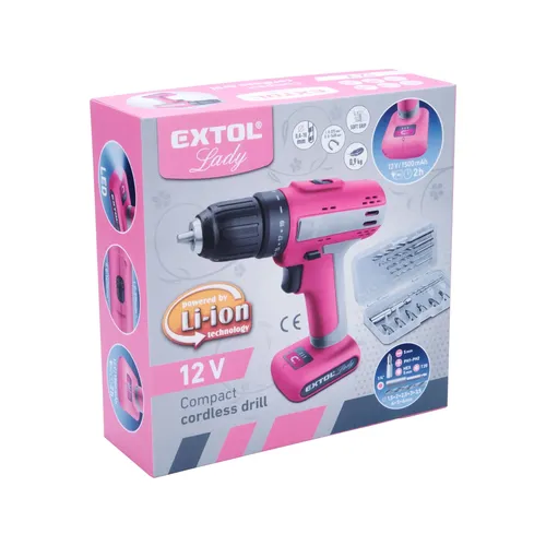 Vrtací šroubovák aku, růžový, 12v li-ion, 1500mah EXTOL LADY 402402
