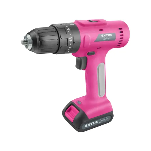 Vrtací šroubovák aku s příklepem, růžový, 12v li-ion, 2000mah, v kufru s nářadím, sada 27ks EXTOL LADY 402403