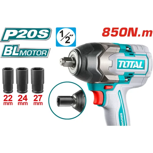 Utahovák rázový aku 1/2", brushless, 850nm, 20 v li-ion, bez baterie a nabíječky, industrial TOTAL TIWLI20851